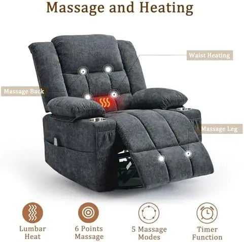360° Swivel Rocker Recliner for Adults, Nursery Glider Recliner with Massage and Heating, Rocking Chair with Cup