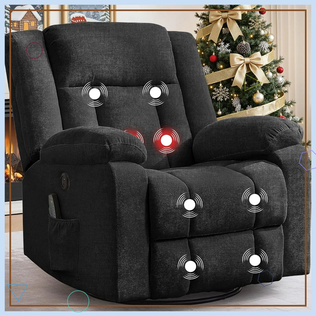 360° Swivel Rocking Recliner Chair with Massage & Heating, Storage Pockets & USB Charging for Living Room Bedroom Nursery