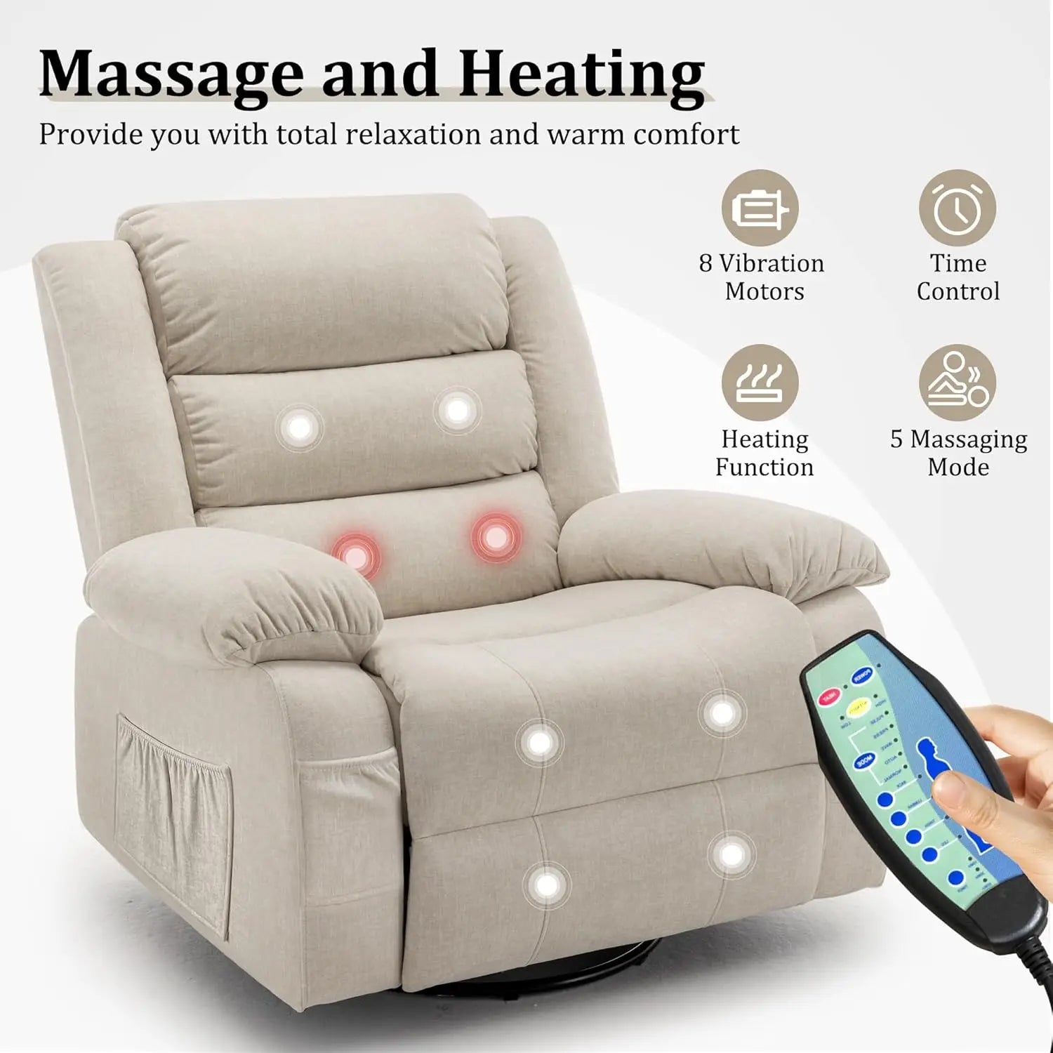 Oversized Recliner Chair, Extra Wide Rocking Chair with Massage and Heat, 360° Swivel Rocker Recliner for Adults,, Custom