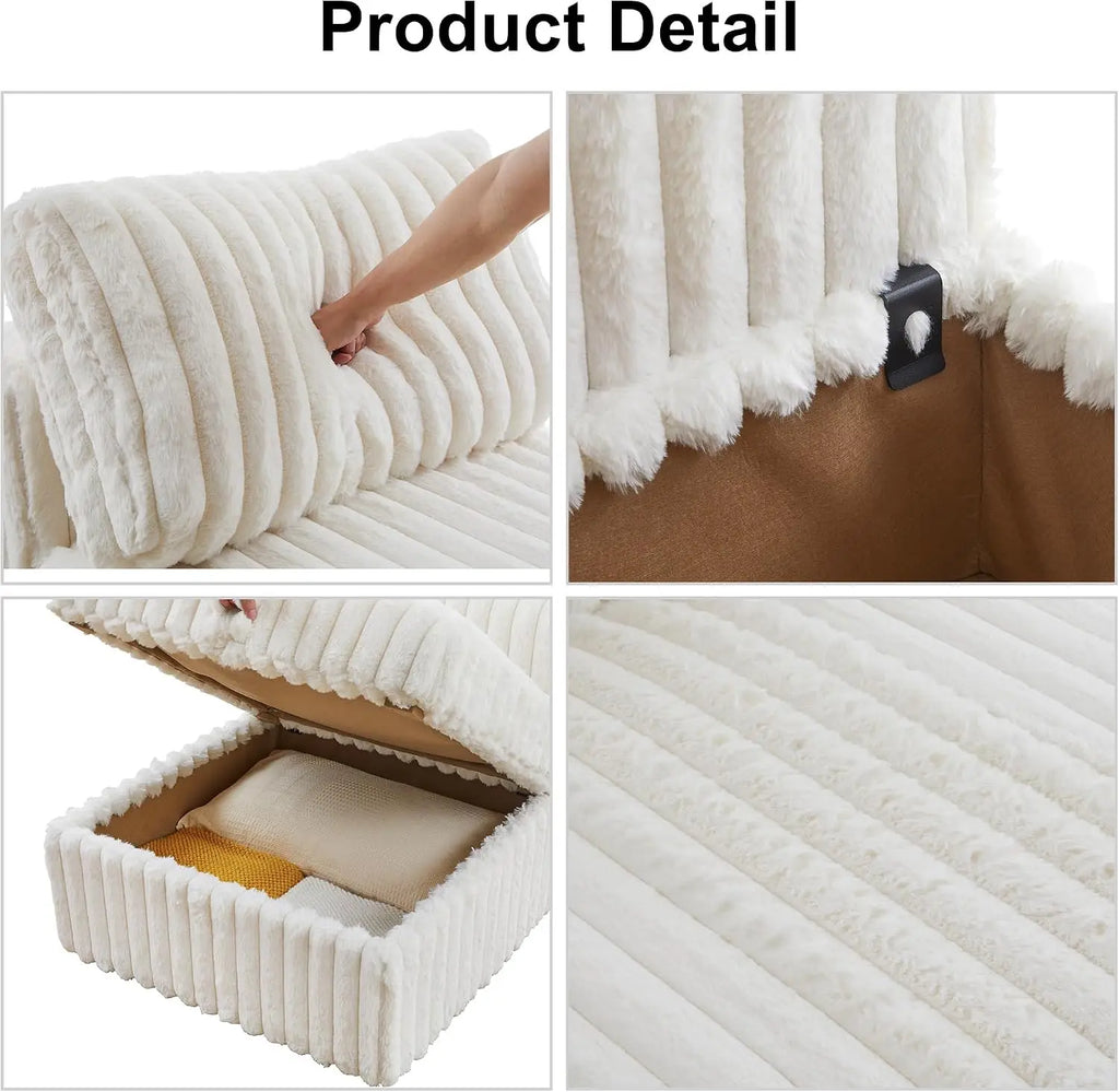 Modular U Shaped Sectional Sofa, 6-Seat Corduroy Couch with Storage, Reversible Chaise, Plush Faux Fur, White