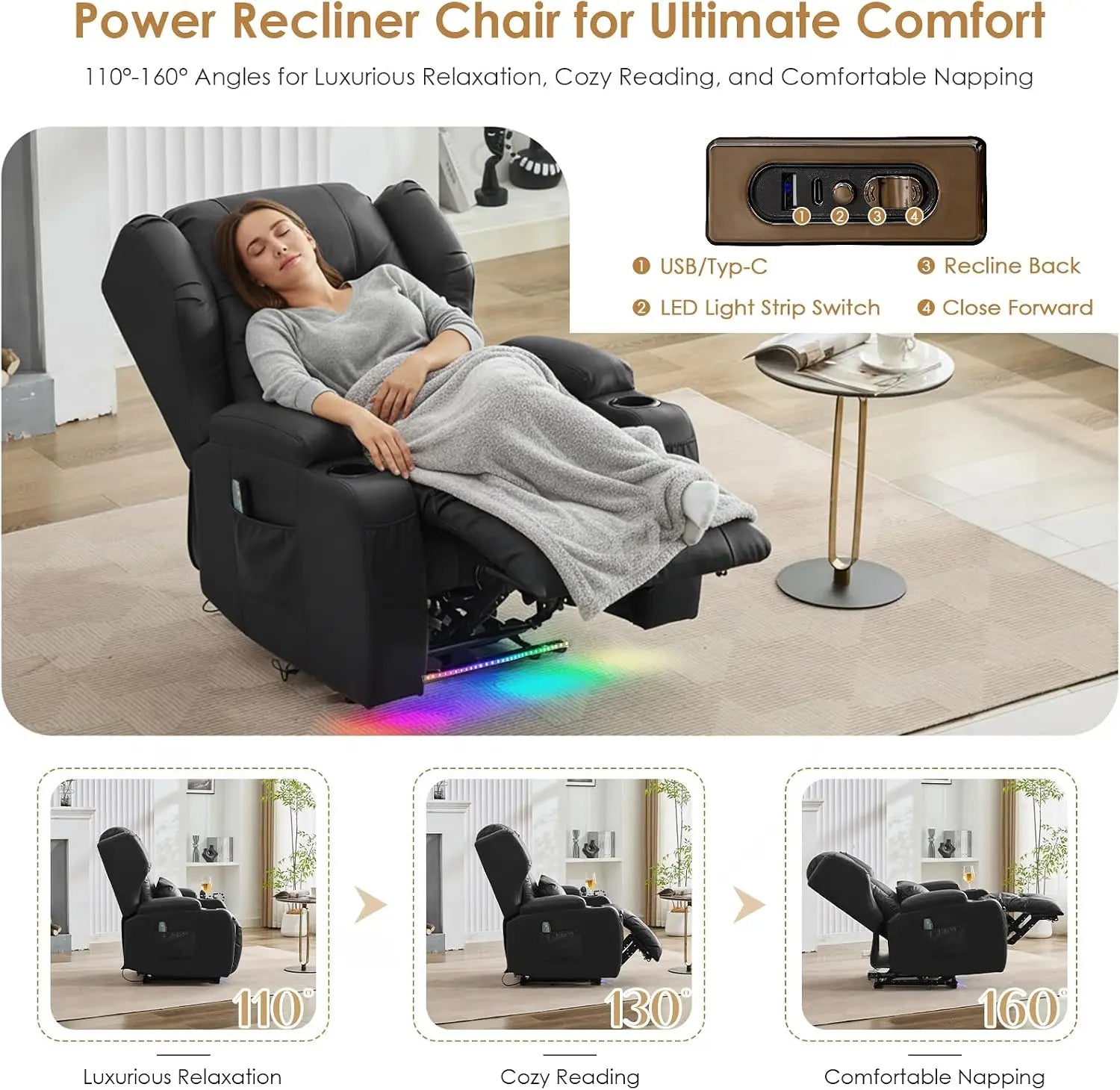 Power Recliner Chair with Massage and Heat, Zero Wall Hugger Recliners Sofa Chair for Small Spaces, Theater Seating RV Sofa with