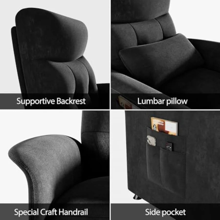 Power Recliner Chair for Adults with Heat and Massage - Soft Fabric Electric Reclining Sofa with Remote Control, 3 Side Pockets
