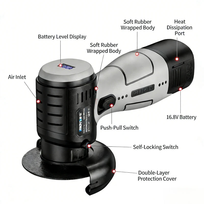 Mini Brushless Angle Grinder Self-locking Electricity Display Cutting Machine Soft Rubber Handle Portable Small Angle Grinder