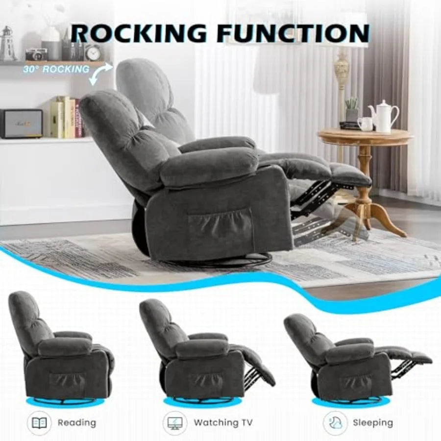 Recliner Chair Oversized Swivel Rocker with Vibration Massage and Lumbar Heating, 360° Swivel, USB Charging Port, Cup Holders a