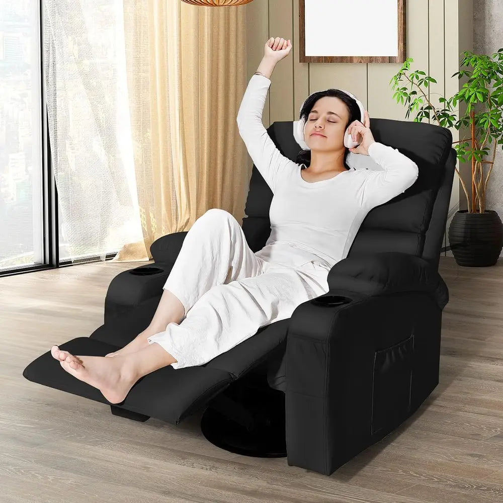 Rocking Recliner Chair, Massage Rocker Recliner Chair with Vibration Massage and Heat, USB and TypeC Ports,360 Swivel Faux Leat