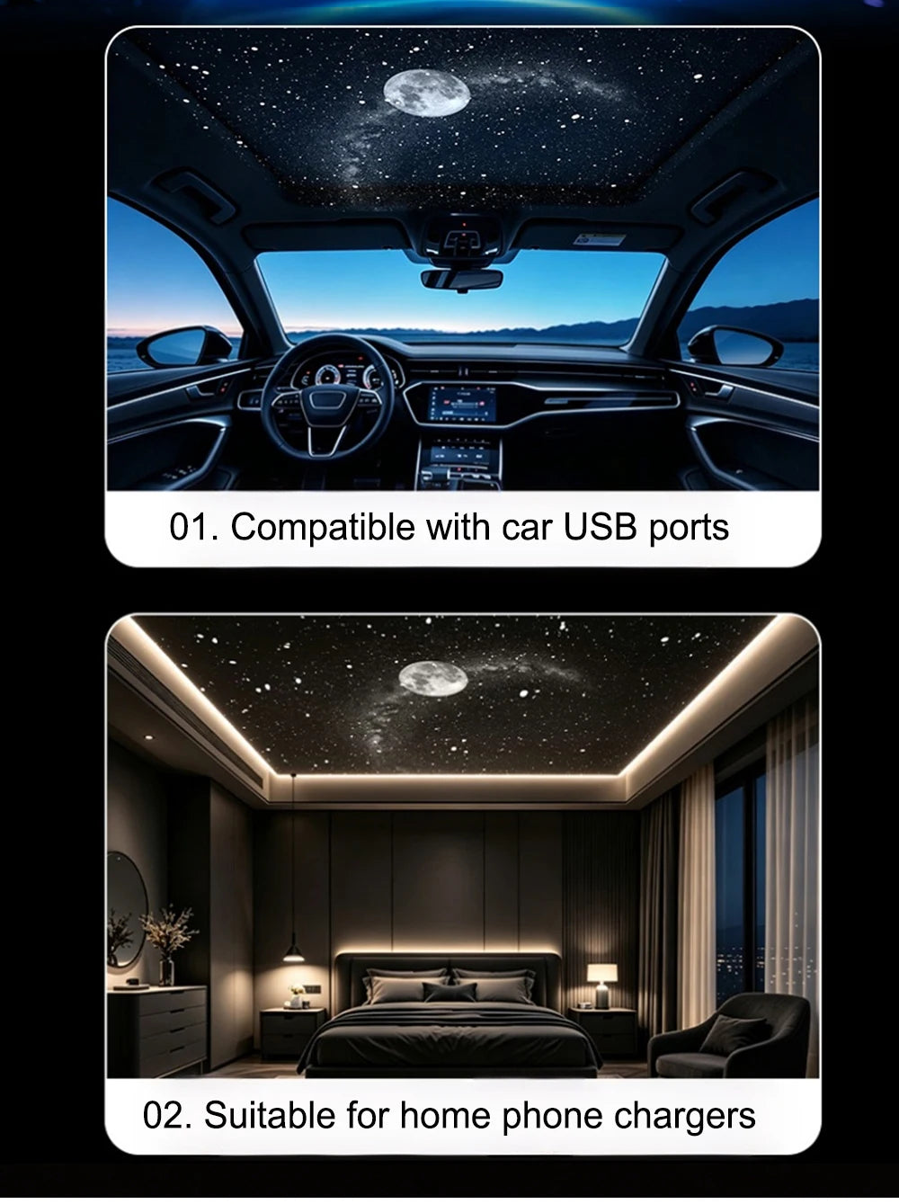 USB Car Interior Roof Star Galaxy Projection Ambient Lighting 360° Adjustable Starry Sky Ambient Projector Light Touch Control