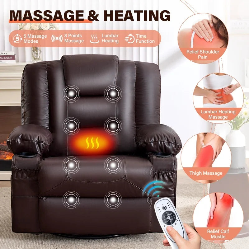 Brown Oversize Recliner Chair with Massage and Heat, 360° Swivel, Cup Holders, USB Charging, Side Pockets for Living Room, Nursery, Bedroom