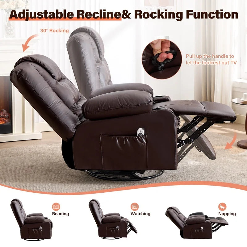 Brown Oversize Recliner Chair with Massage and Heat, 360° Swivel, Cup Holders, USB Charging, Side Pockets for Living Room, Nursery, Bedroom