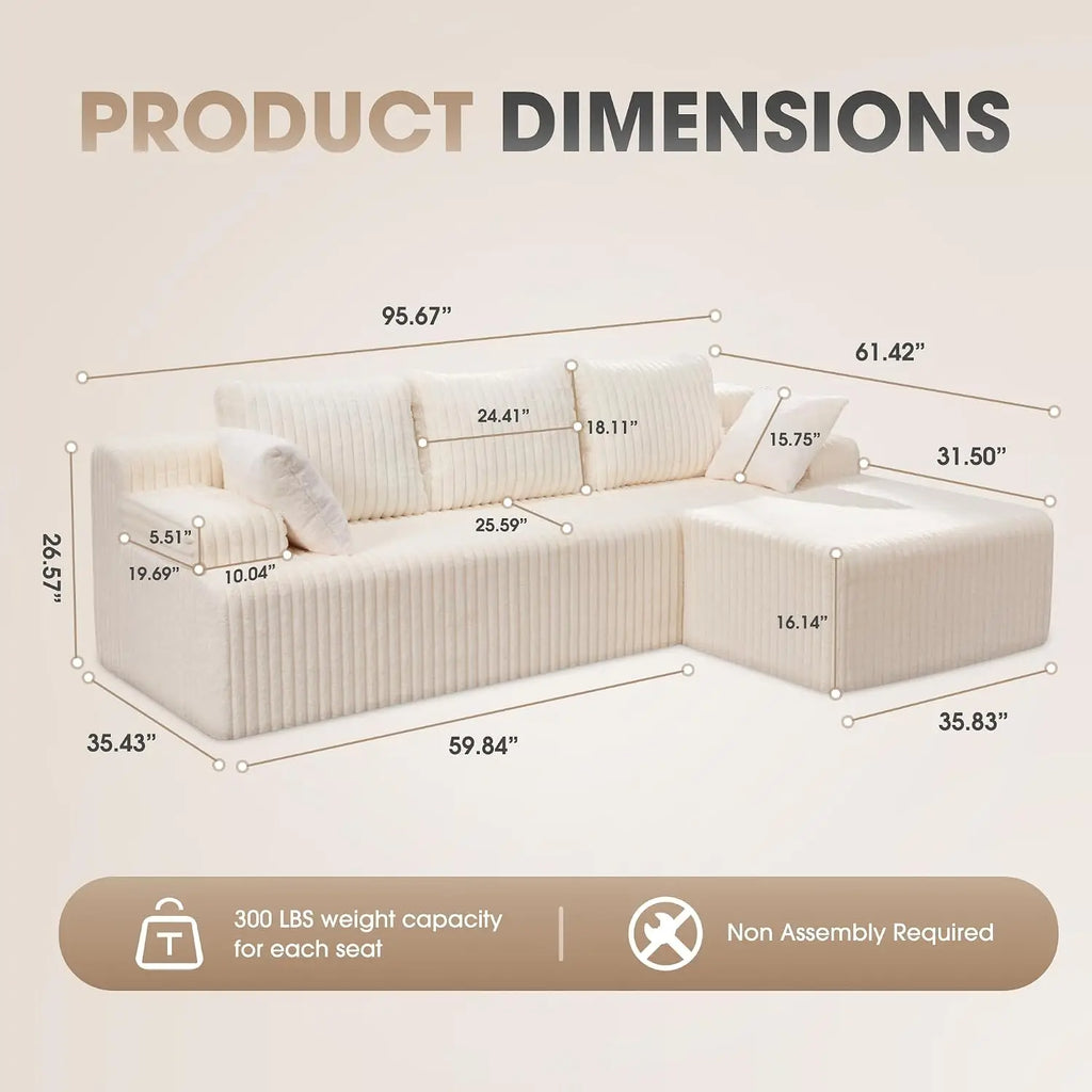 Modular Sectional Sofa Boneless Couch L-Shape Couch 3 Seat Modular Couch Memory Foam Sectional Couches for Living Room, Custom