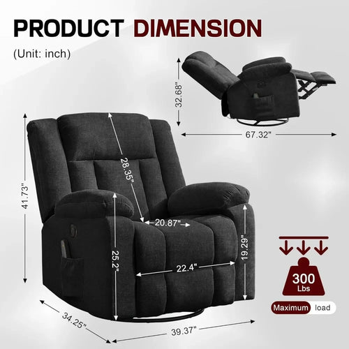 360° Swivel Rocking Recliner Chair with Massage & Heating, Storage Pockets & USB Charging for Living Room Bedroom Nursery