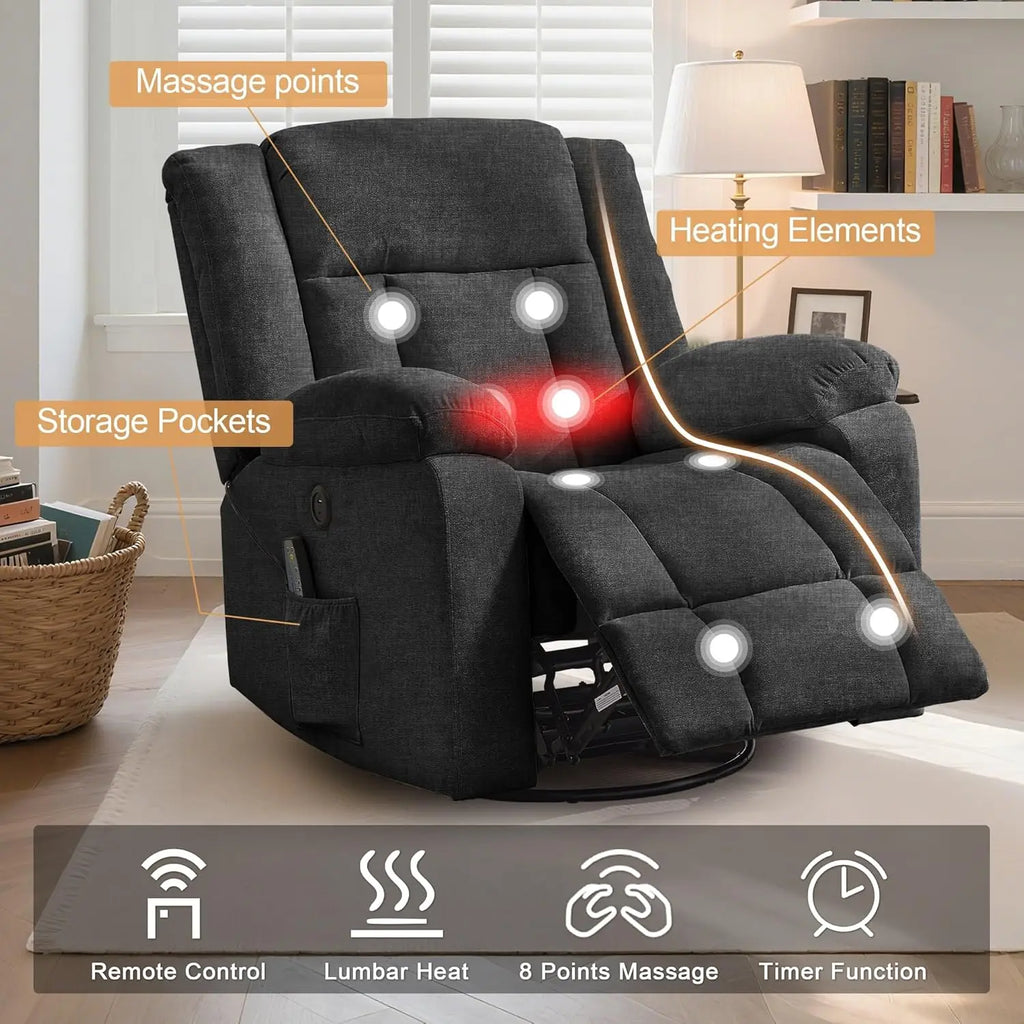 360° Swivel Rocking Recliner Chair with Massage & Heating, Storage Pockets & USB Charging for Living Room Bedroom Nursery