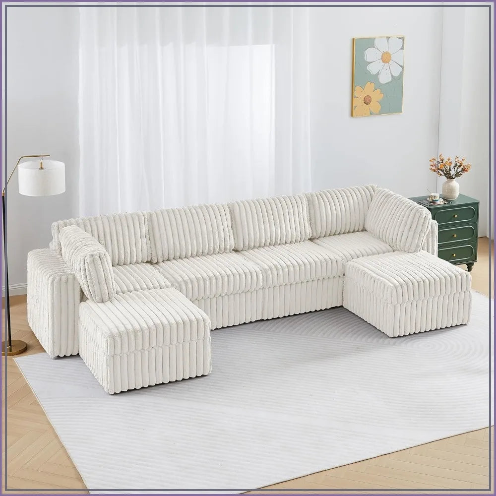 Modular U Shaped Sectional Sofa, 6-Seat Corduroy Couch with Storage, Reversible Chaise, Plush Faux Fur, White
