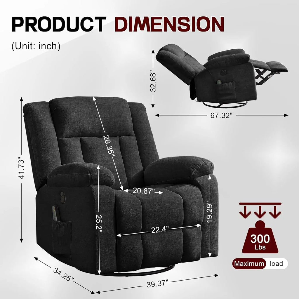 360° Swivel Rocking Recliner Chair with Massage & Heating, Storage Pockets & USB Charging for Living Room Bedroom Nursery