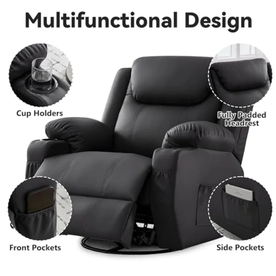 Oversized Recliner Chair, 360° Swivel Recliner for Adults, Swivel Rocker Recliner Chair with Heat and Massage, Manual Recliner