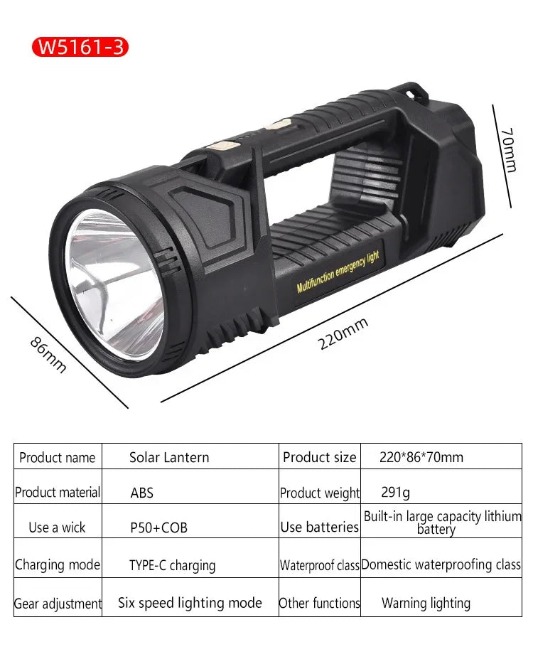 Most Powerful XHP70 LED Searchlight Solar Work Light Outdoor Multifunctional LED Flashlight USB Rechargeable Camping Lantern